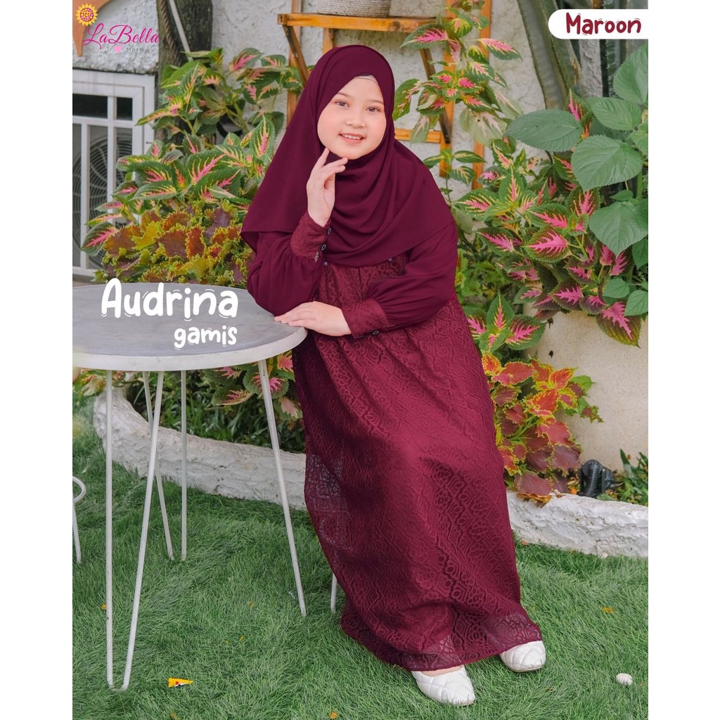 Gamis Anak SD Set Hijab Audrina Merah Maroon Umur 6 - 10 Tahun