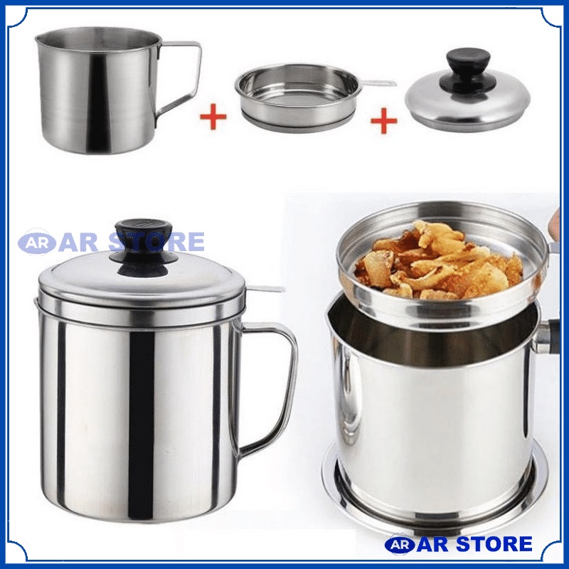 Wadah Saringan Minyak 1.3 Liter Stainless Steel / Oil Pot Filter Anti Karat / Gelas Penyaring Ampas Sisa Minyak Jelantah 1200 ML &amp;1300 ML Anti Tumpah AR STORE1688