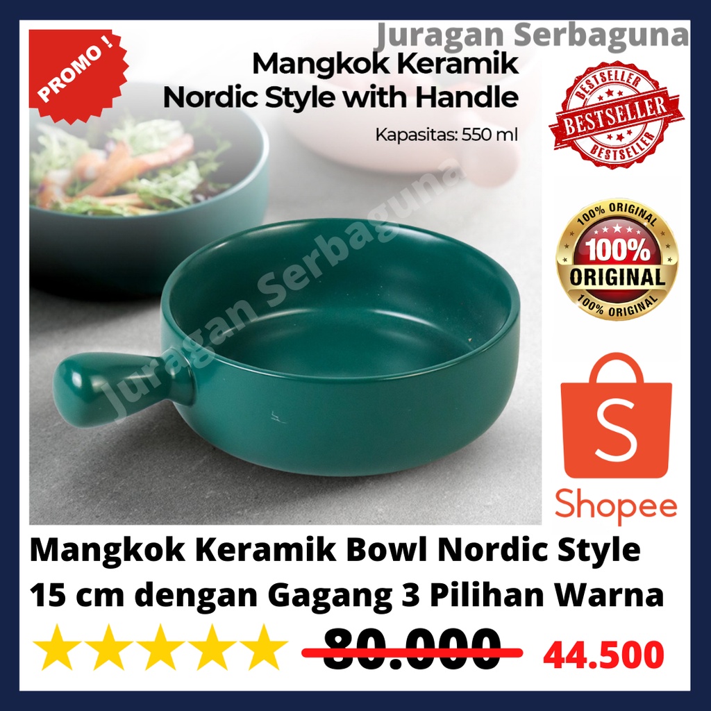 Mangkok Keramik Bowl Nordic Style 15 cm dengan Gagang 3 Pilihan Warna