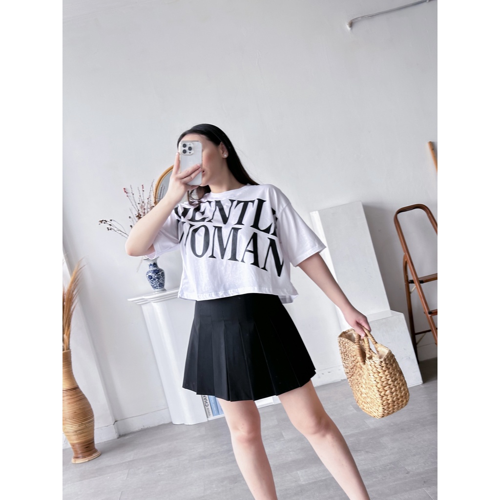 INFINITEE Kaos Croptop Oversized Wanita Lengan Pendek Bahan Katun