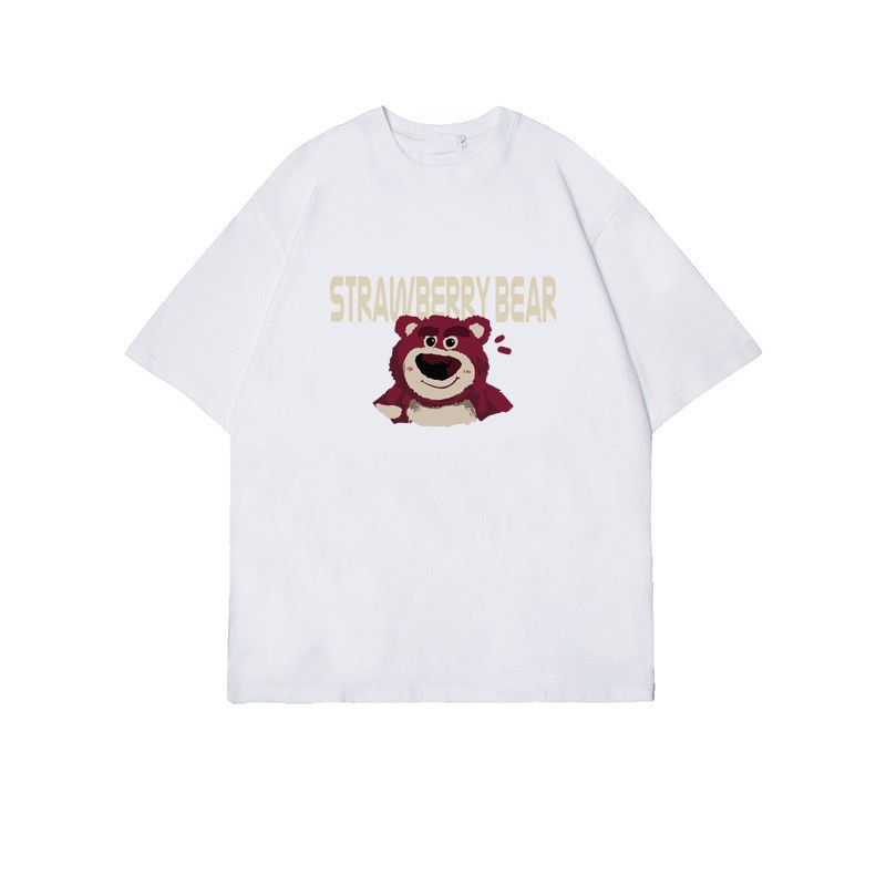 baju atasan wanita terbaru korean style lengan pendek oversize cartoon graphic print t-shirt import Strawberry Bear Doodle kaos hitam