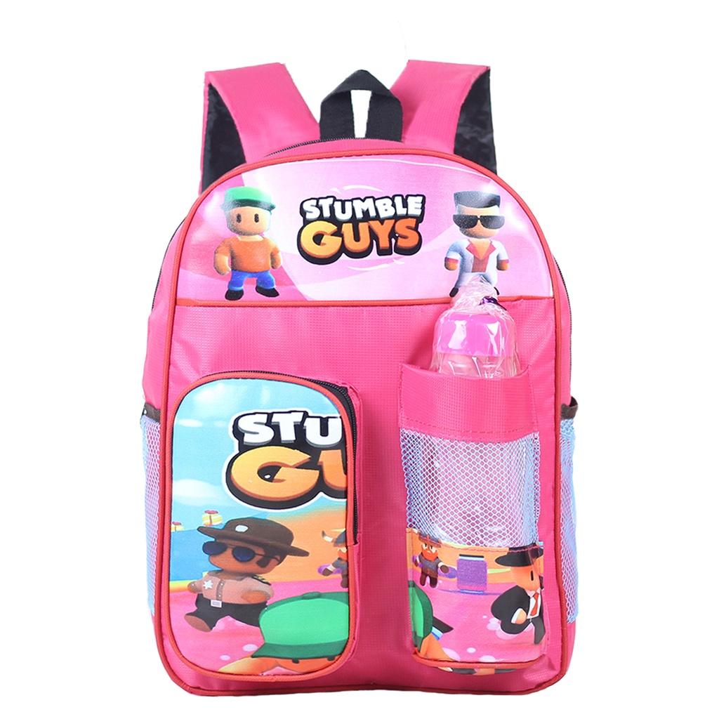 Tas Gendong Anak Sekolah PAUD TK SD Tas Ransel Anak Cowok Murah Motif Stumble Guys Warna Pink Bonus 