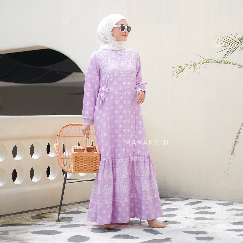 Manaky Ghea Maxi Dress Busui Gamis Premium Motif Lilac Bahan Dior Silk