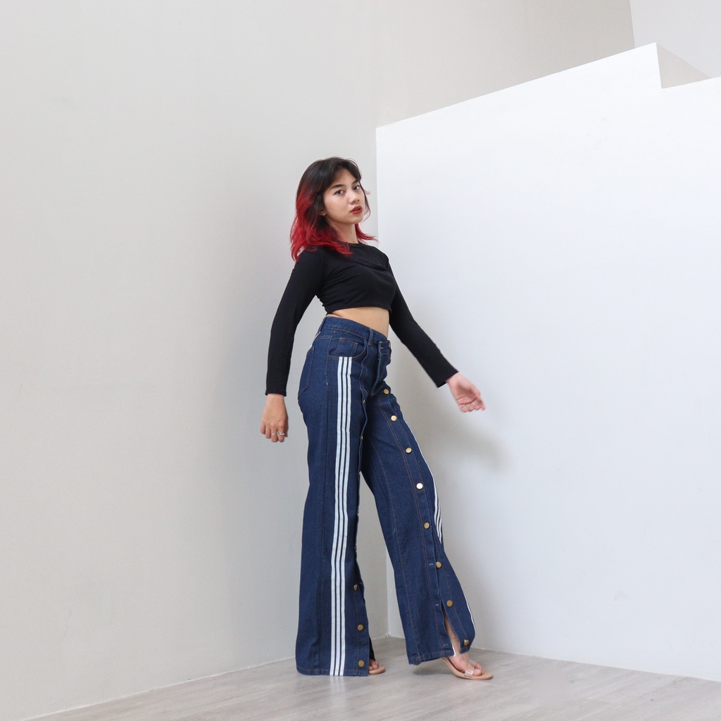 DEMORIN - X8005 - Celana Panjang Highwaist Baggy Jeans List Putih