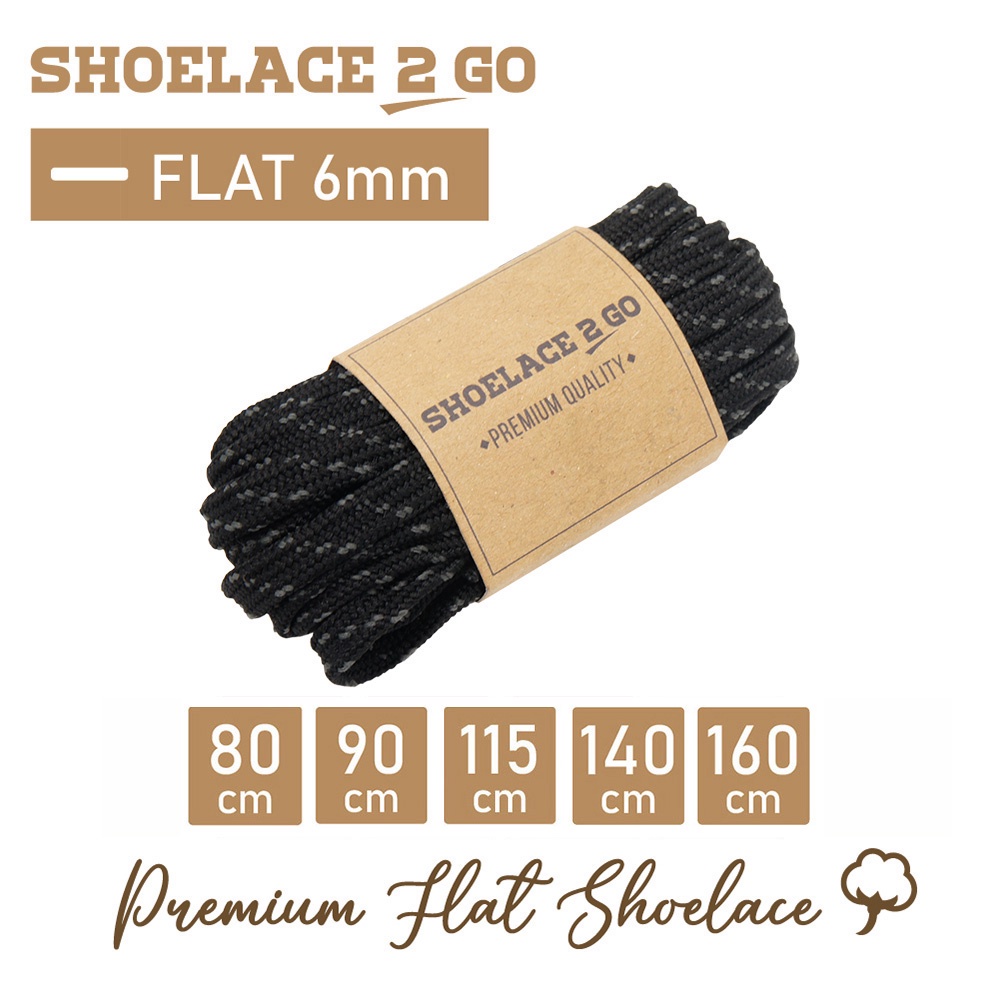 SHOELACE 2 GO PREMIUM TALI SEPATU MOTIF GEPENG PIPIH FLAT N5 BLACK WITH GREY STRIPES - 80CM 90CM 115CM 140CM 160CM