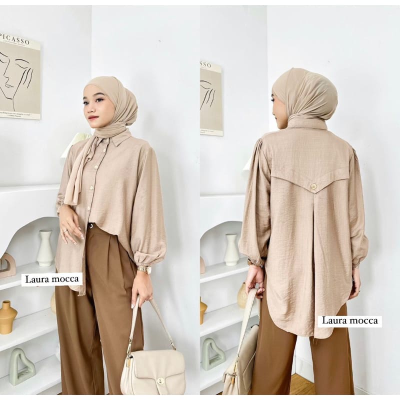 Laura Blouse Pollo Linen Blouse Kancing Kemeja Wanita Kerja