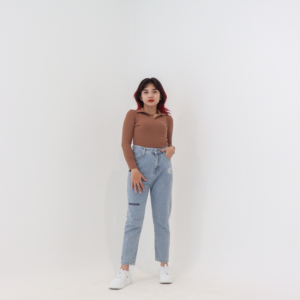 X22 DAISY - Celana Jeans Wanita Korean Mom Jeans Highwaist Demorin