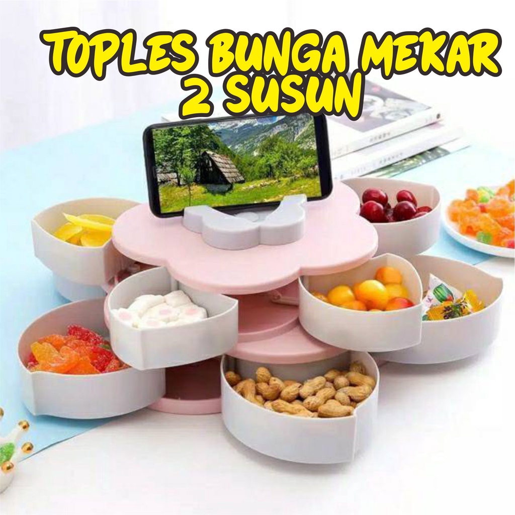 Toples Putar Bunga Mekar  2 Tingkat Toples Lebaran Bunga
