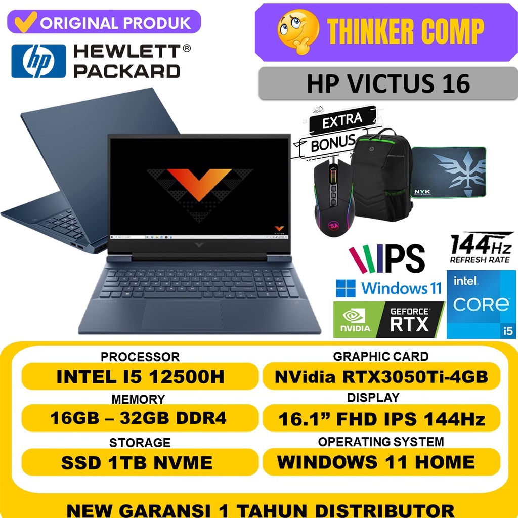 LAPTOP GAMING HP Victus 16 i5 12500H Ram 32GB 2TB SSD 16 FHD RTX3050Ti 4GB Windows 11 Original Terlaris