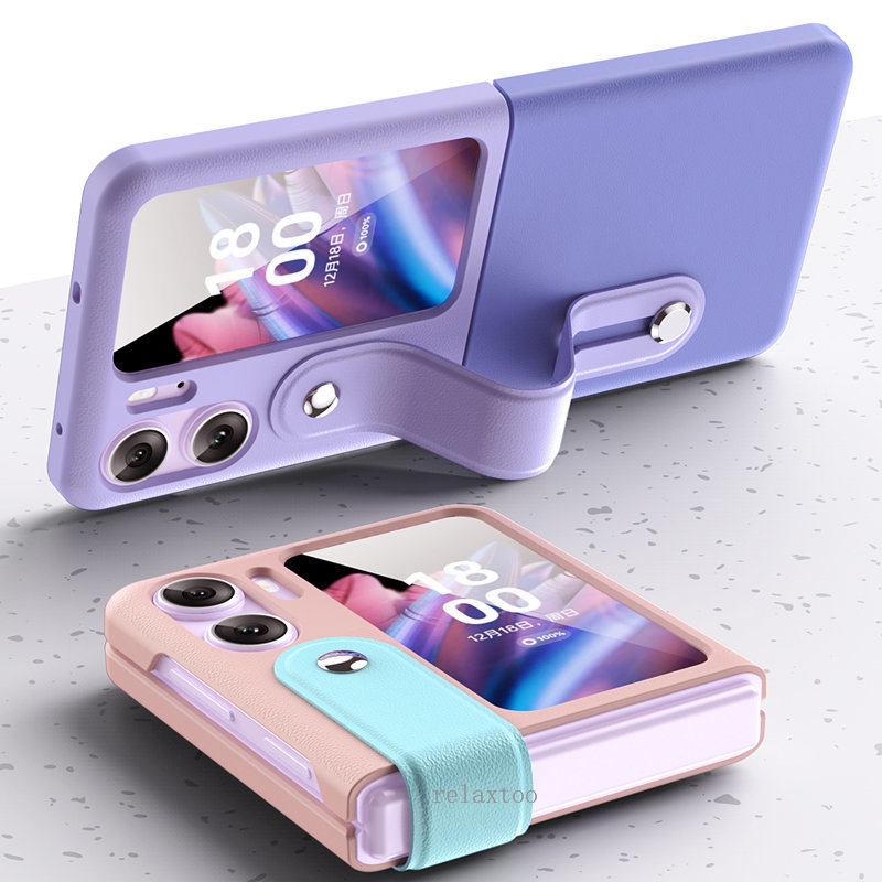 Hard Case Oppo Find N2 Flip Silikon Macaron Candy With Wristband and Stand Pegangan Tangan Elegan dengan 2 warna kontras