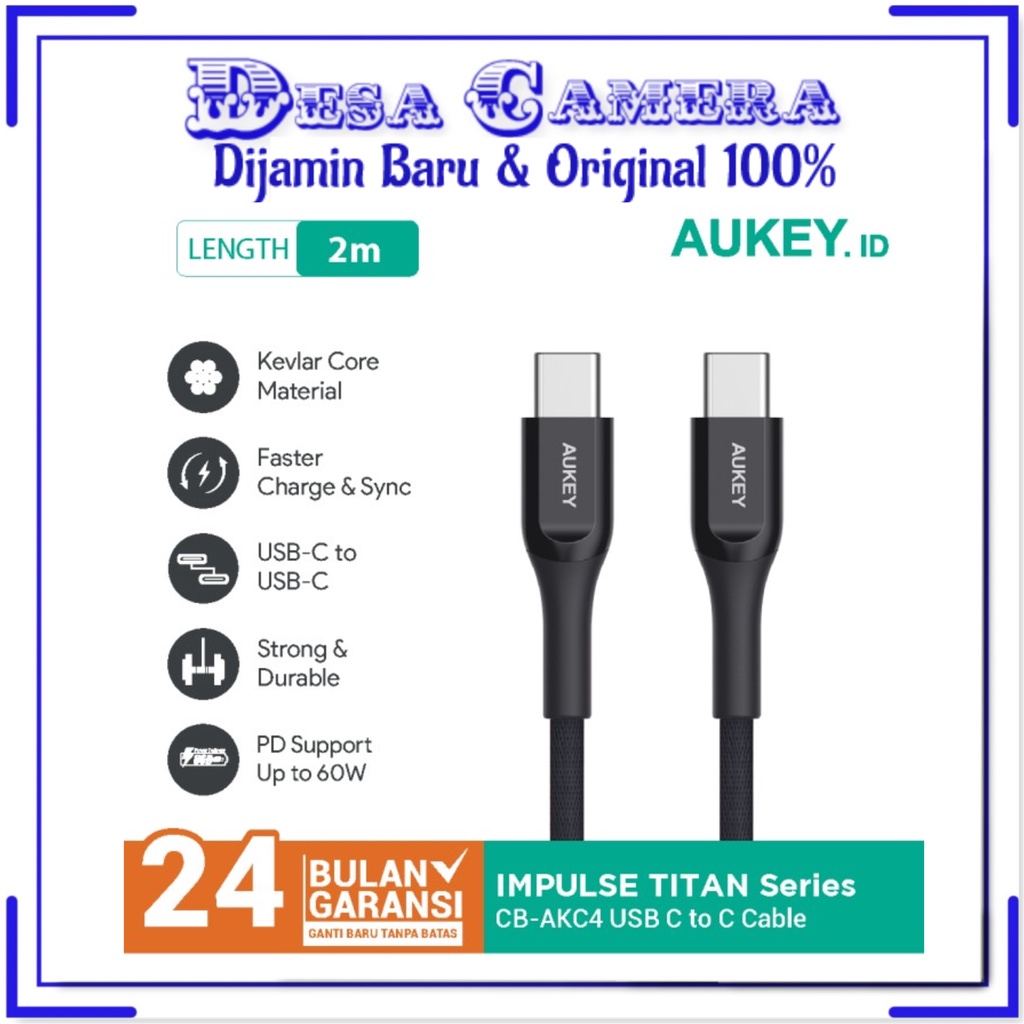 Kabel Charger Type C Aukey CB-AKC4 2m Kevlar Material Black - 500418