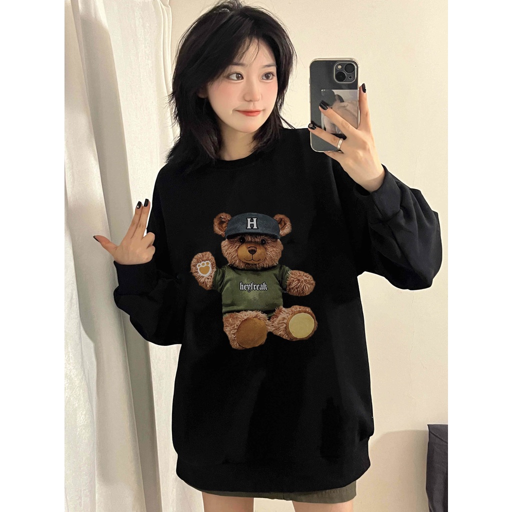 XIAOZHAINV Sweater Oversized Wanita Bear Pattern Lengan Panjang Korean Style