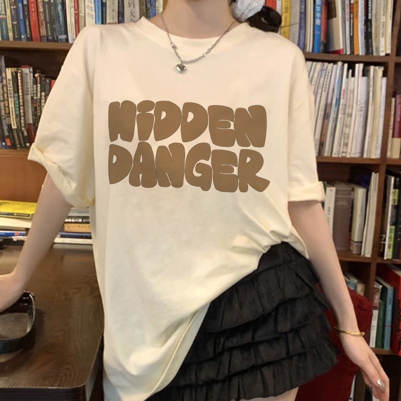 Print T-shirt Kaos Lengan Pendek Cartoon Brown Bear English Alphabet Baju Wanita Oversize Korean Style