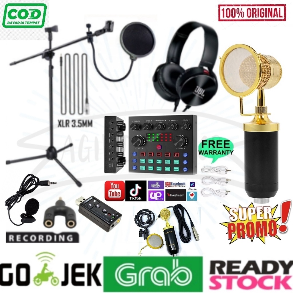 PROMO PAKET KOMPLIT MIC CONDENSER BM 8000 + STANDAR BERDIRI + SOUNDCARD V8 + POP FILTER FREE HEADPHO