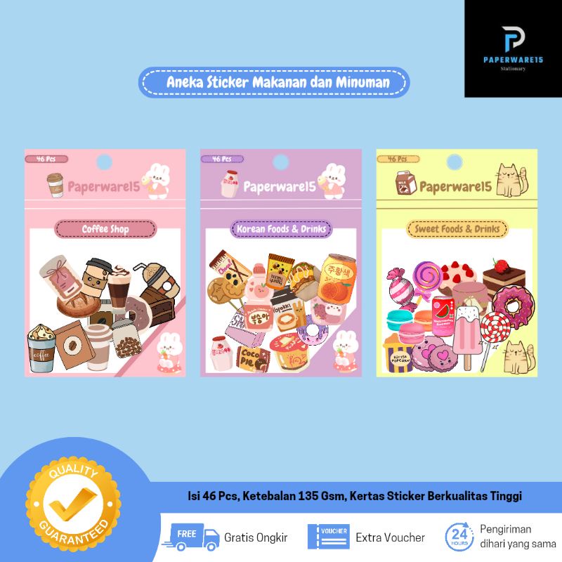 stiker dekorasi lucu motif makanan isi 46 pcs/stiker diary aesthetic