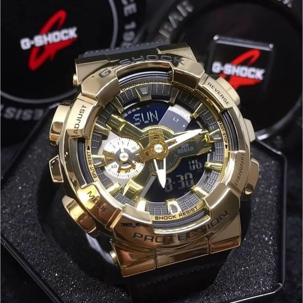 Jam Tangan Casio GShock Pria G-SHOCK GM-110G-1A9 Metal Gold Strap Black Autolight