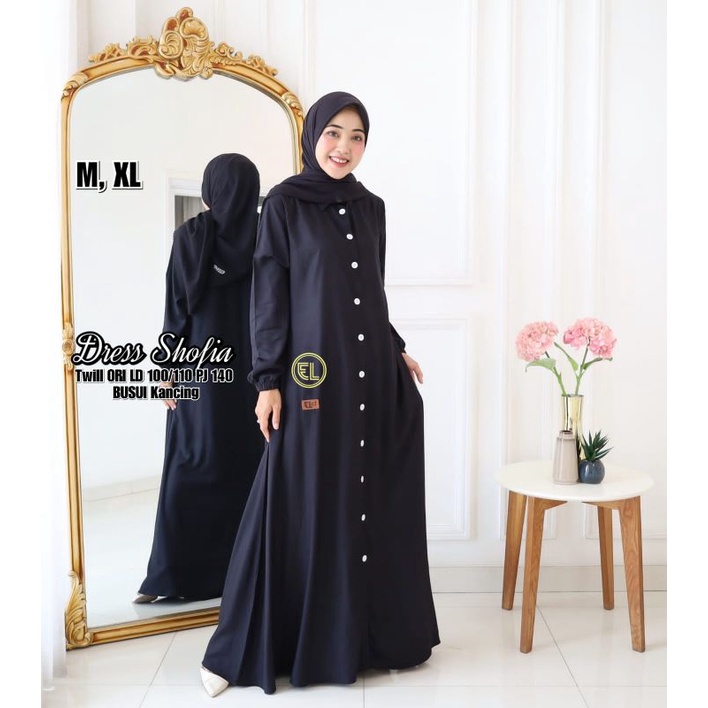dress twill hitam polos kancing by elzhaf
