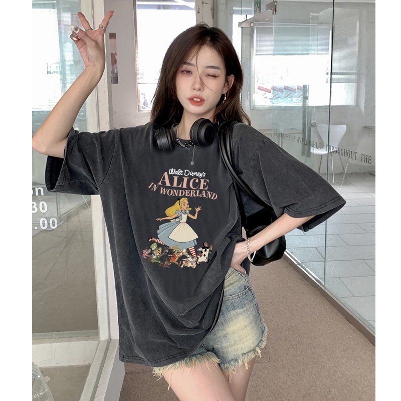 kaos hitam oversize wanita lengan pendek retro Alice In Wonderland motif printed t-shirt import kaos couple ootd