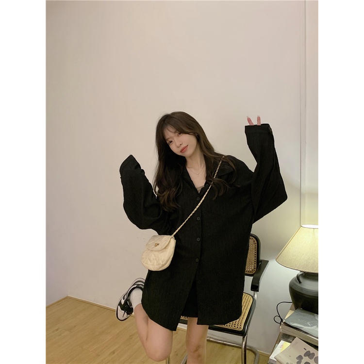 EUNII Korean Style Crinkle Blouse Oversize Kemeja Terbaru Lengan Panjang Baju Wanita