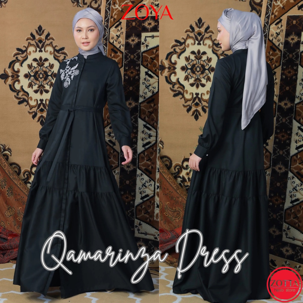 Gamis Terbaru Lebaran ZOYA Qamarinza Dress Bahan Katun Warna Hitam dan Sage