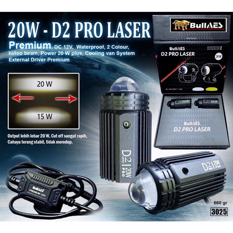 LAMPU D2 PRO LASER BULLAES 20WATT PUTIH KUNING SUPER TERANG MOTOR MOBIL