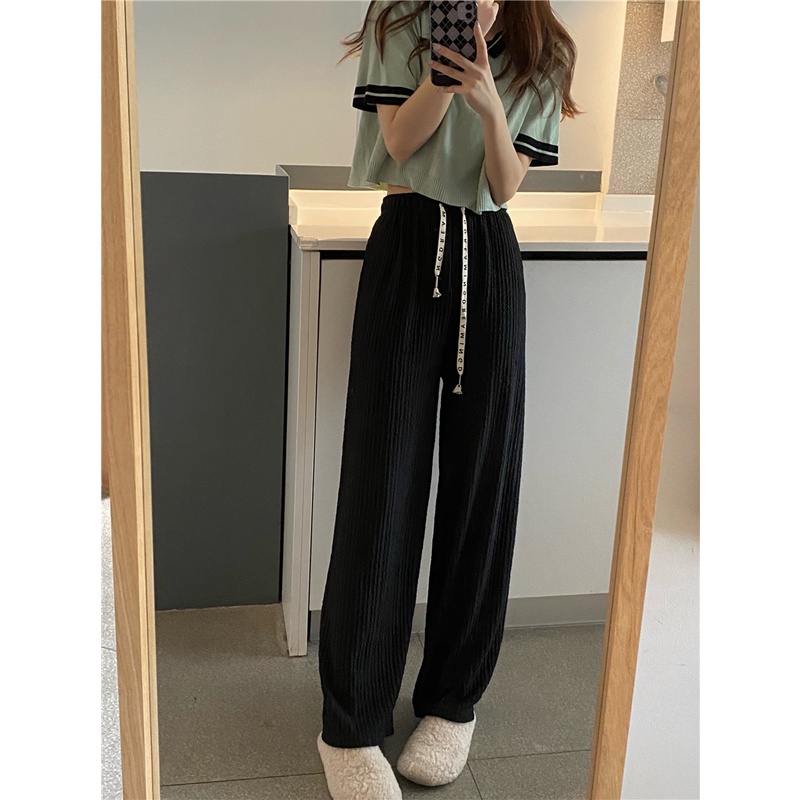 EUNII Celana Panjang Santai Wanita Basic Color Kasual High Waist Straight Pants Korean Style