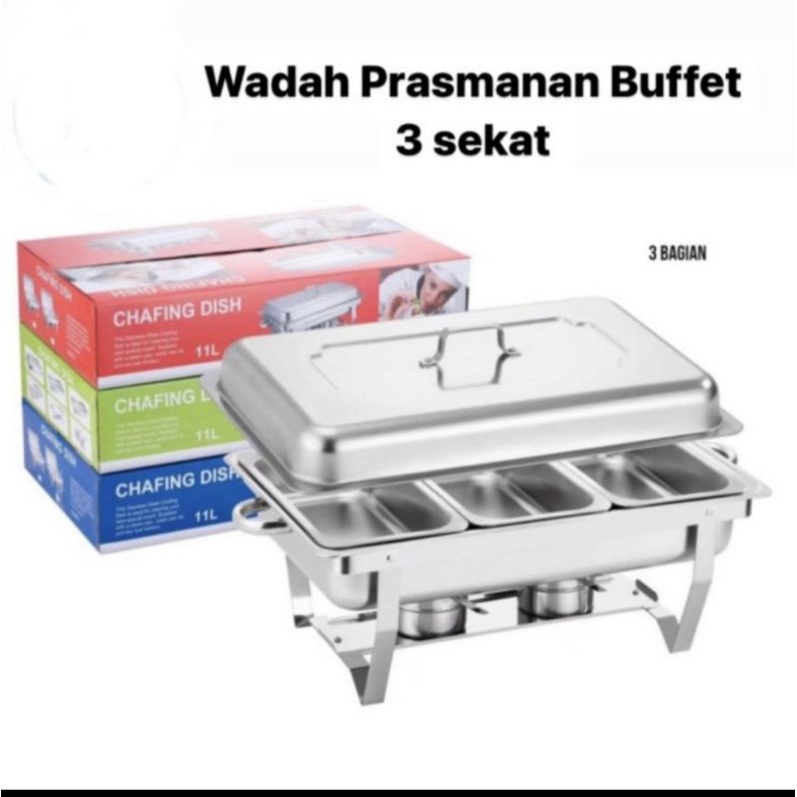 chafing dish 3 sekat 11 liter stainless / tempat prasmanan jumbo 3 sekat 11 liter / chafing dish sekat 11 liter / pemanas makanan prasmanan