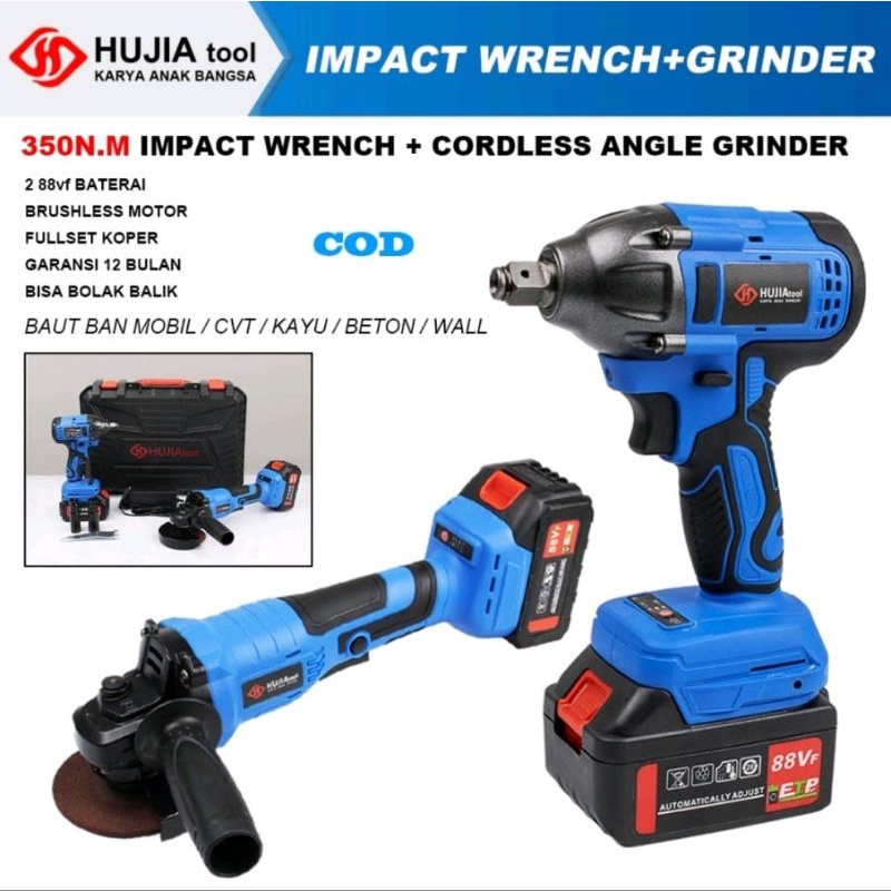 PAKET 2PC GERINDA BATERAI + IMPACT WRENCH HUJIA TOOLS 88V