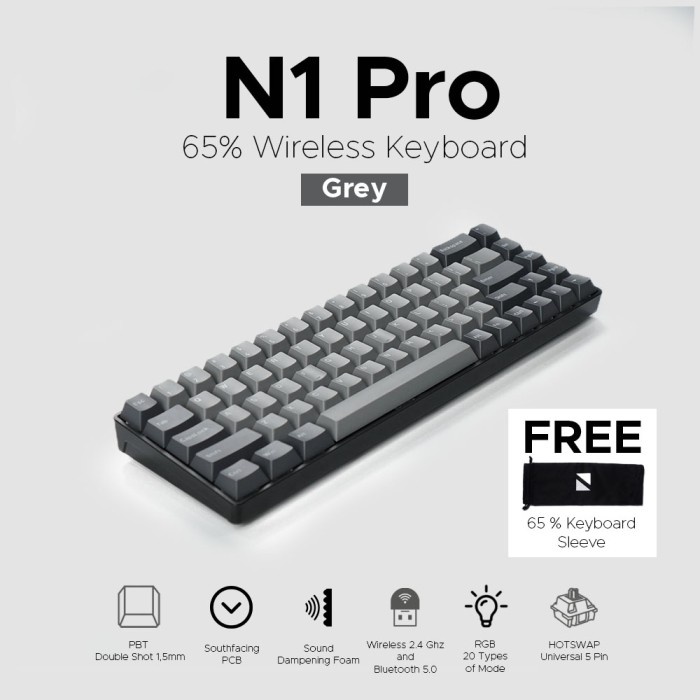 Terlaris Keyboard Noir N1 Pro Grey - 65% Wireless Mechanical Keyboard