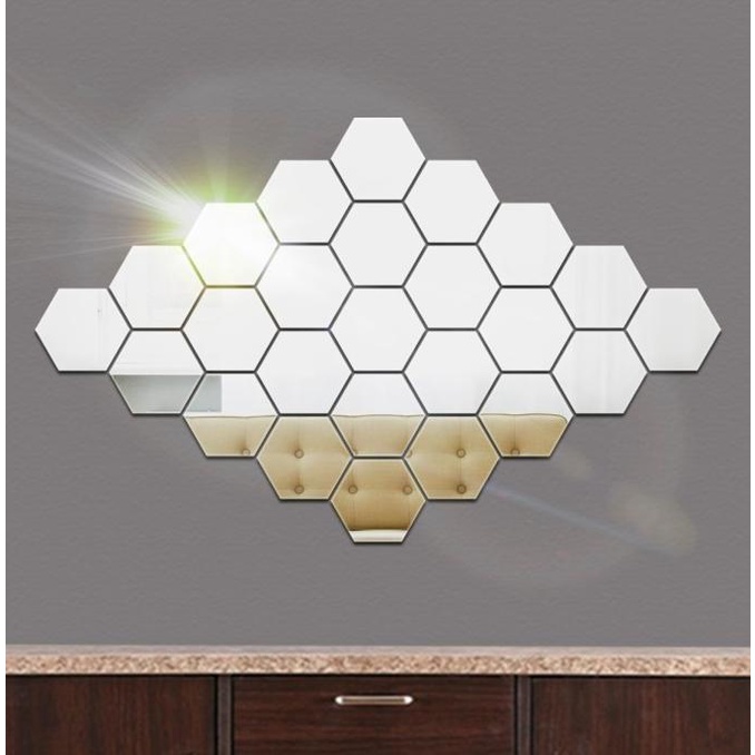 ORIGINAL CERMIN KACA HEXAGONAL MIRROR STIKER DEKORASI HIASAN DINDING INTERIOR A