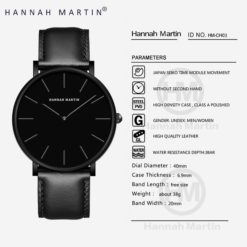 HANNAH MARTIN Jam Tangan Pria 100% Original Keren Sangat tipis Quartz COWOK Couple Kulit Anti Air Men Watch COD Laki Arloji Men Watch murah CH03+-8