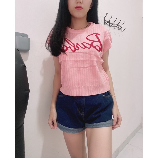 Croptop knit barbieesd | top import rajut lengan pendek pink wanita | top import rajut korean fashion wanita | aquarius boutique89