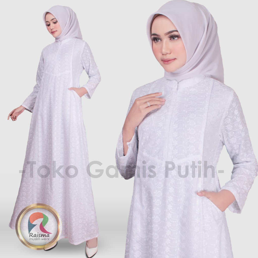 Ready Stock ✅ Maxi Dress Raisma Gamis Putih Perlengkapan Umroh Haji Wanita Bahan Katun Terkini / Gam