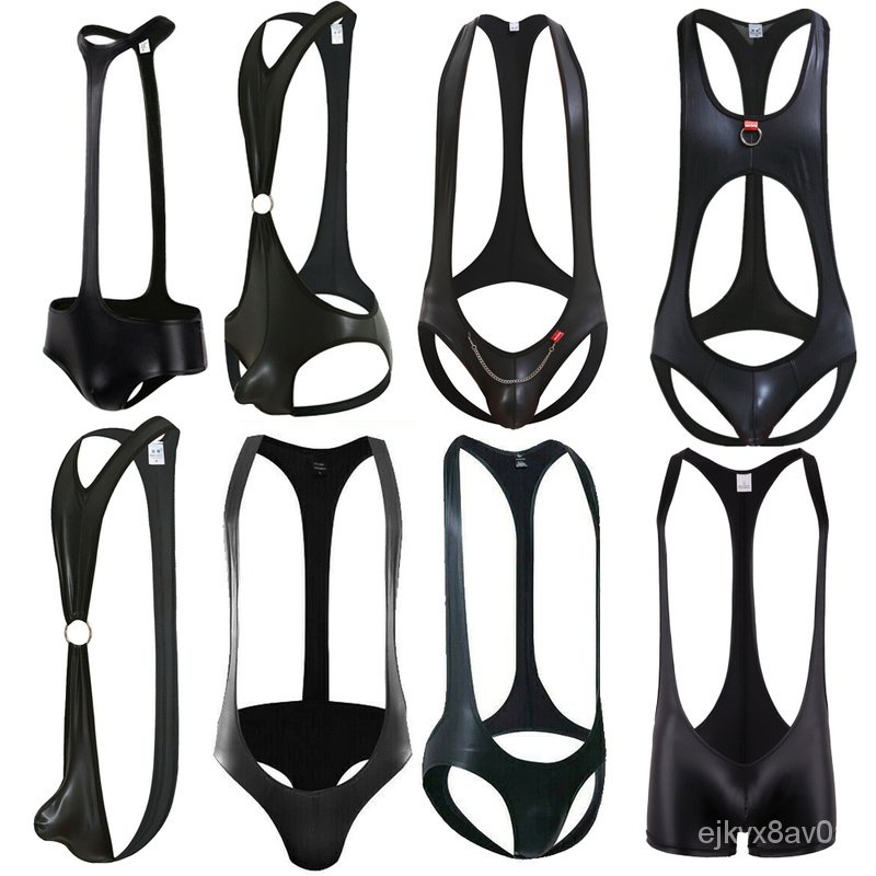 Mens Sexy Black Wet Look PU Leather Bodysuit One-Piece Wrestling Singlet Jumpsuit Sexy Gay Jockstrap