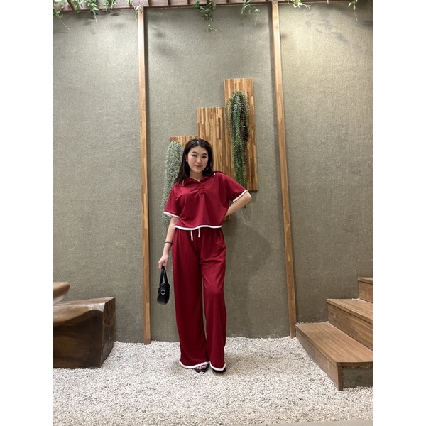 JOSHIN Lisa Set Knit List - Setelan Crop Celana Kulot