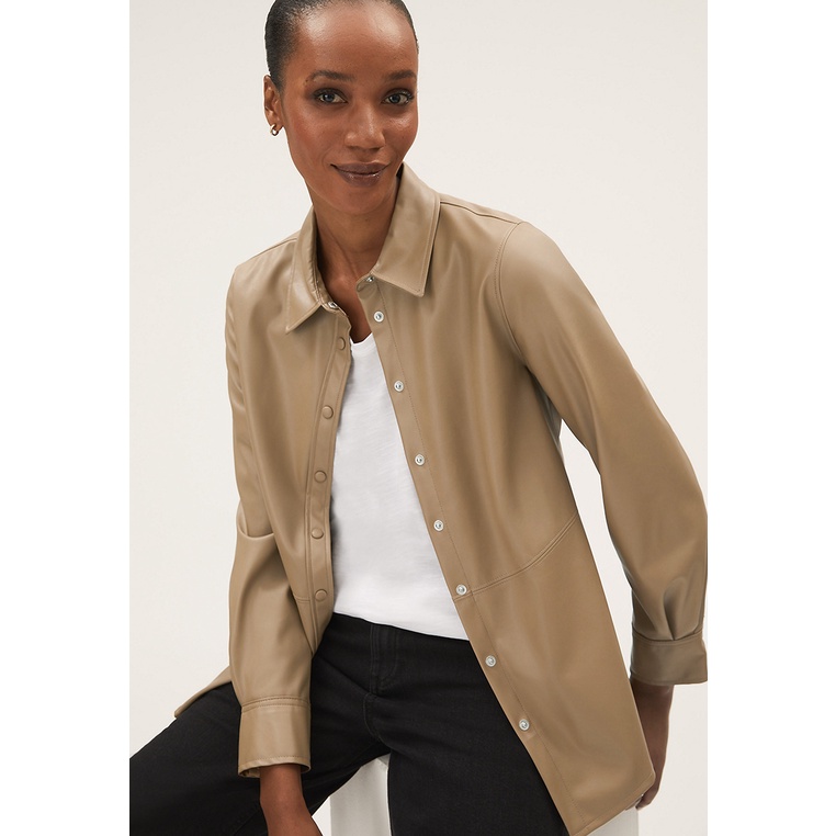 Kemeja Wanita Marks & Spencer Original Klasik Minimalis Cewek Faux Leather Collared Long Sleeve Shir