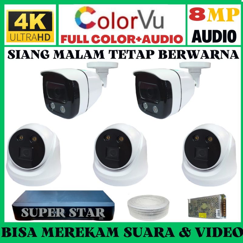 PAKET CCTV COLORVU 8 CHANNEL 5 KAMERA 8MP 4K ULTRA HD 2560P +AUDIO