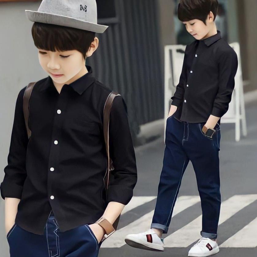 Kemeja Polos Hitam Anak Laki Laki Lengan Panjang /Kemeja Anak Laki Lengan Panjang Polos / Baju Kemej