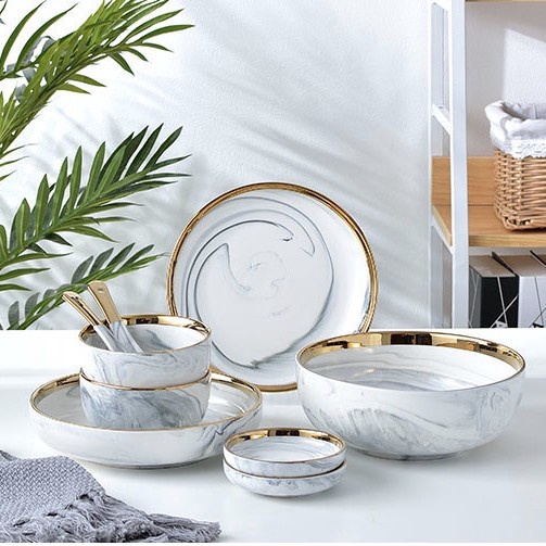 Terlaris Set Piring Keramik Dinner Set Piring Marble Gray Marble Dinnerware Set
