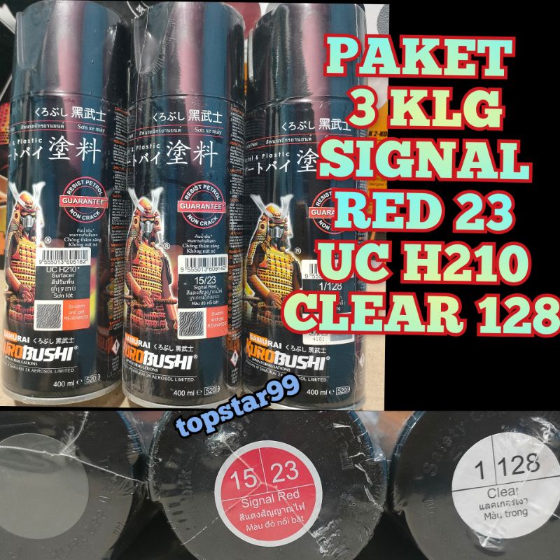 Samurai Paint Paket 3 Kaleng Pilok Pilox Cat Semprot Samurai Paketan Lengkap Merah Cabe Signal Red 23 Epoxy Surfacer UC H210 Clear Pernis Glossy 128 400ml