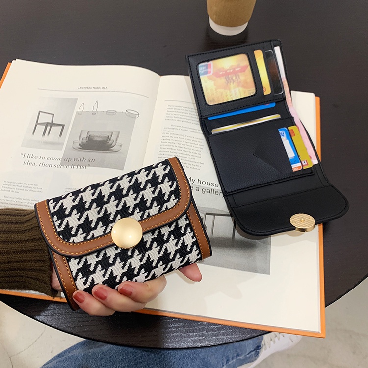 Sera dompet wanita bagian pendek 2022 baru kanvas retro houndstooth lipat sederhana multi-slot kartu sederhana tas kartu pelajar wanita