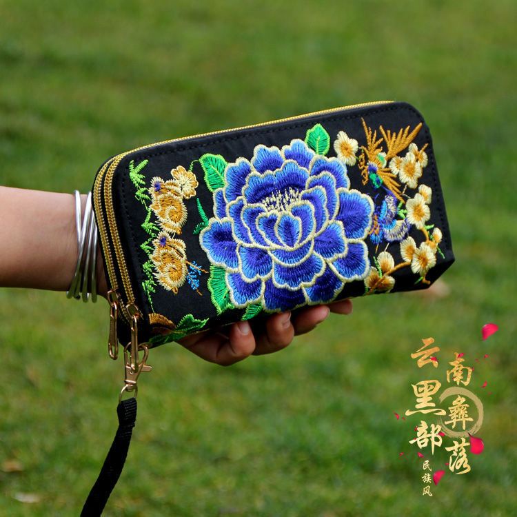 Sera Yunnan Gaya Etnik Kapasitas Besar Tas Wanita Retro Ritsleting Ganda Bordir Bunga Dompet Dompet Wanita Tangan Panjang tas