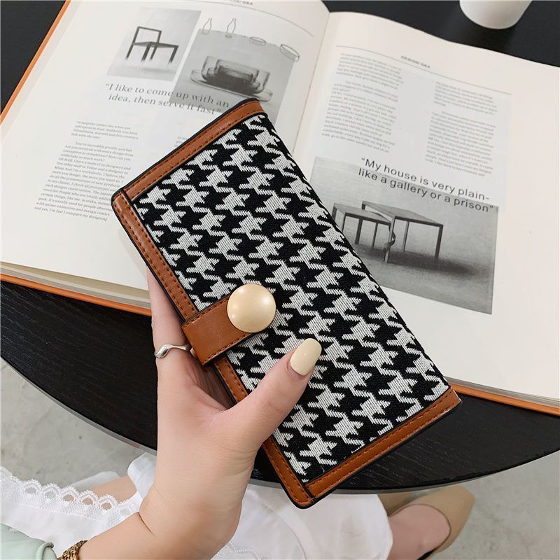 Sera baru kanvas houndstooth dompet kecil wanita paragraf pendek warna kontras lipat klip koin multi-kartu gesper tas genggam panjang