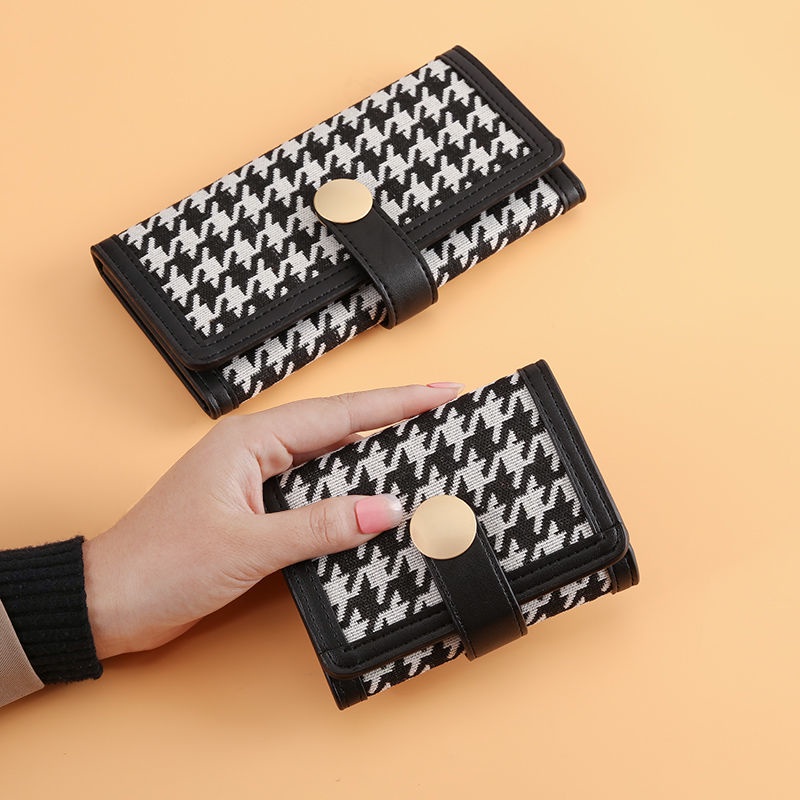 Sera baru kanvas houndstooth dompet kecil wanita paragraf pendek warna kontras lipat klip koin multi-kartu gesper tas genggam panjang