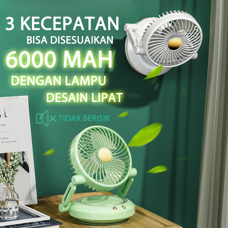 𝐃𝐄𝐍𝐆𝐀𝐍 𝐋𝐀𝐌𝐏𝐔 3 KECEPATAN 6000 mAh Kipas Angin Portable Cas Tidak Berisik Putar 90° Kipas angin mini meja listrik