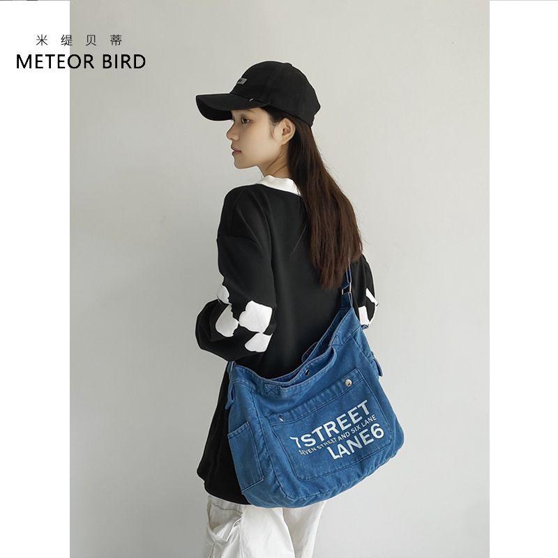 Sera Miti Betty college angin tote ekstra besar tas wanita single bahu Messenger retro denim tas fashion letter printing all-match