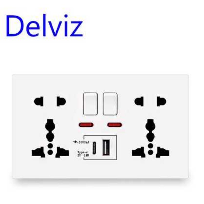 Delviz Stopkontak Universal UK EU US 2 Port USB Type-C with Switch - DZE412