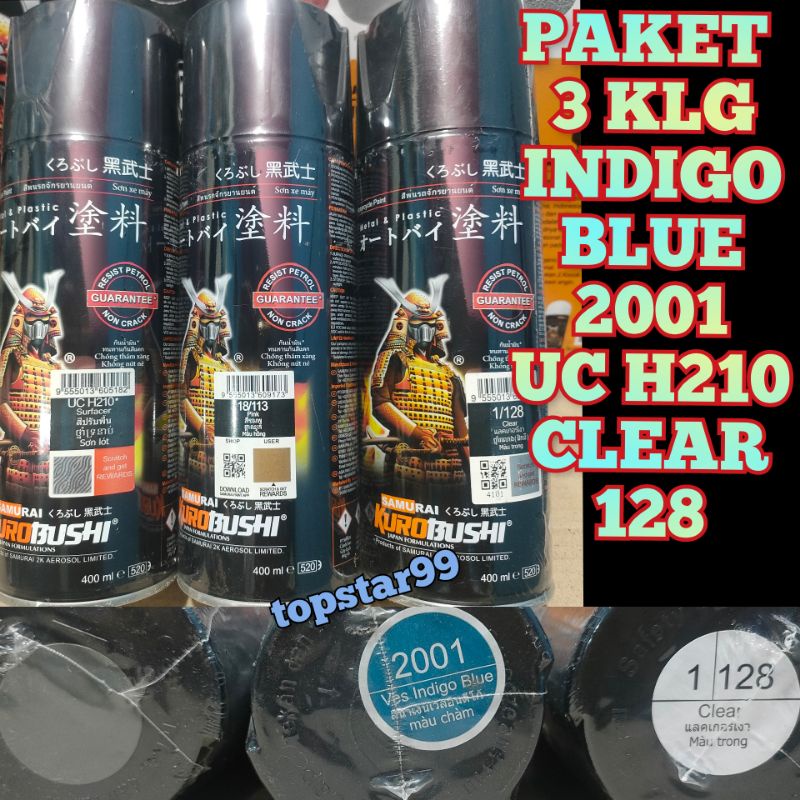 Samurai Paint Paket 3 Kaleng Pilok Pilox Cat Semprot Samurai Paketan Lengkap Biru Indigo Blue 2001 Epoxy Surfacer UC H210 Clear Pernis Glossy 128 400ml