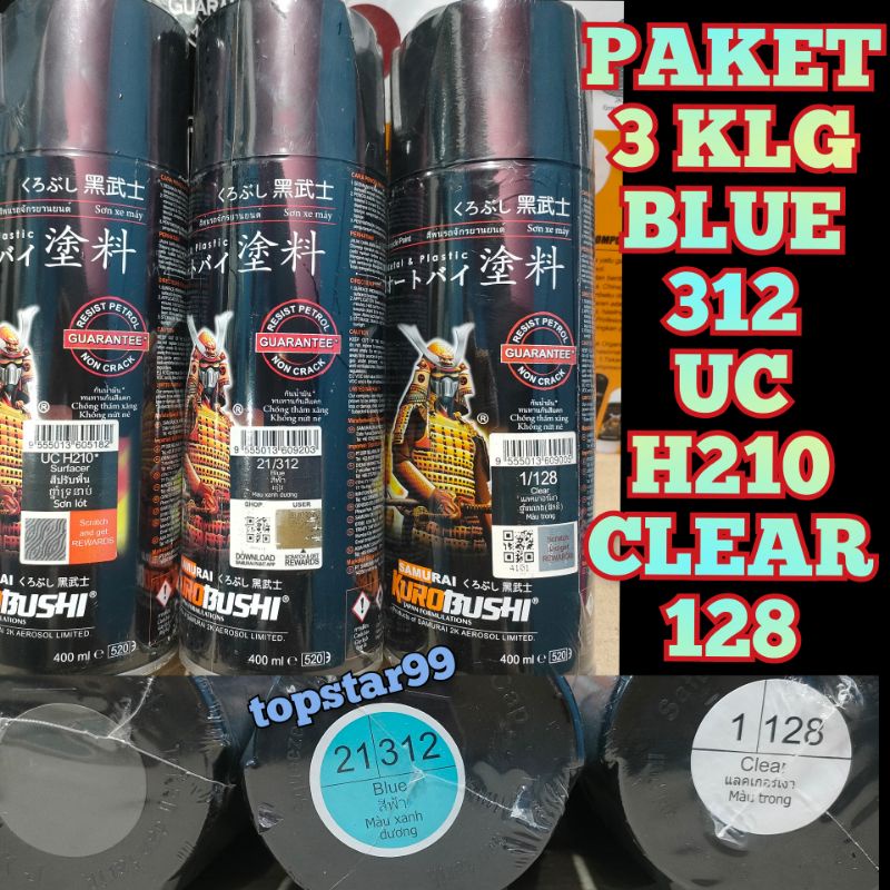 Samurai Paint Paket 3 Kaleng Pilok Pilox Cat Semprot Samurai Paketan Lengkap Biru Blue 312 Epoxy Surfacer UC H210 Clear Pernis Glossy 128 400ml