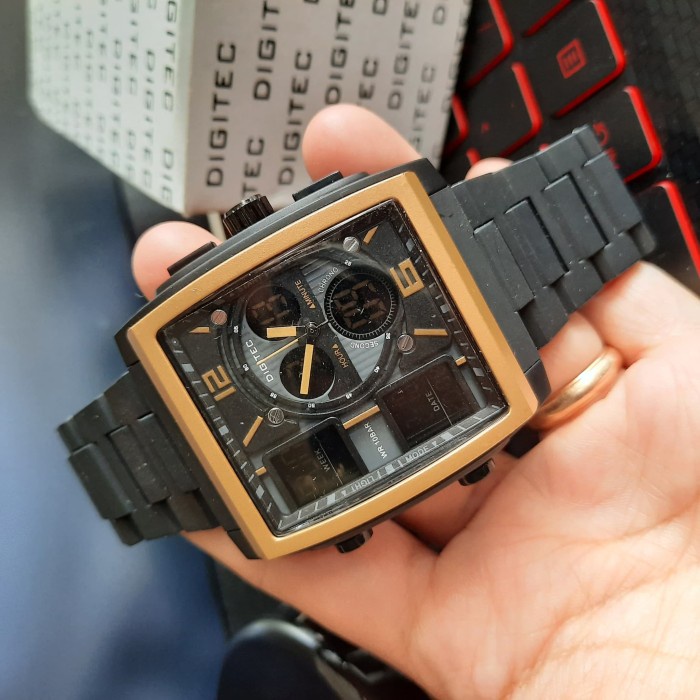 Flash Sale Digitec Jam Tangan Pria Kotak Hitam Kombi Gold Double Time Tahan Air Termurah